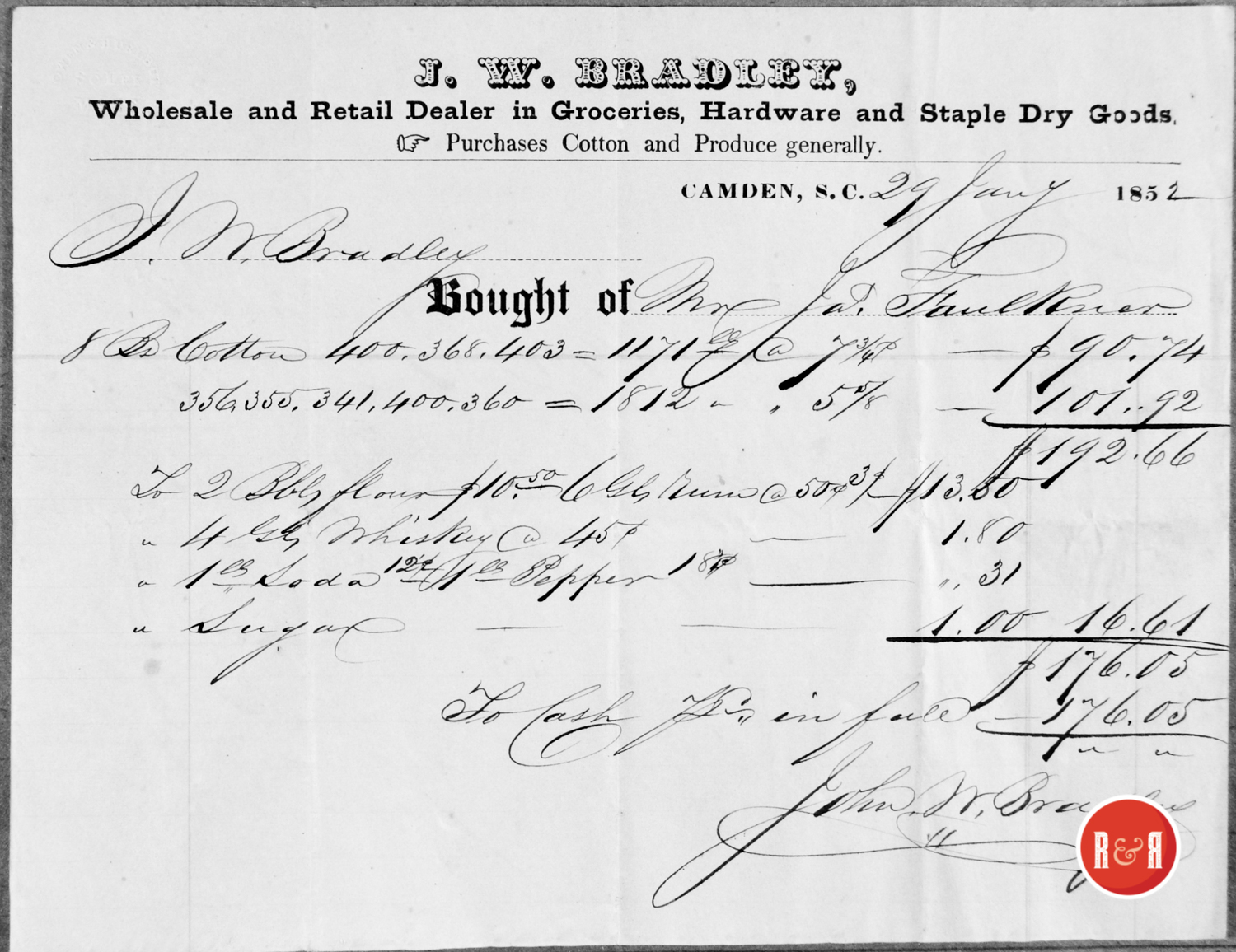 RECEIPT FROM THE BRADLEY CO - 1852