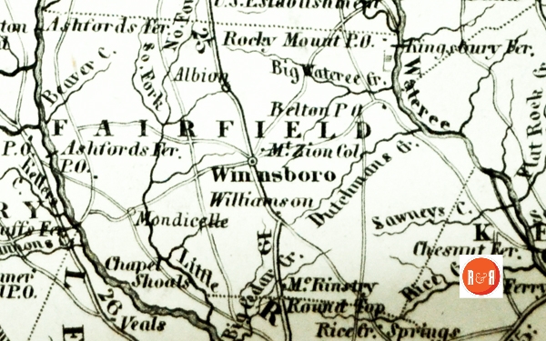 An 1852 route map showing Monticello as an important location in western Fairfield County, S.C. Courtesy of the AFLLC Collection.