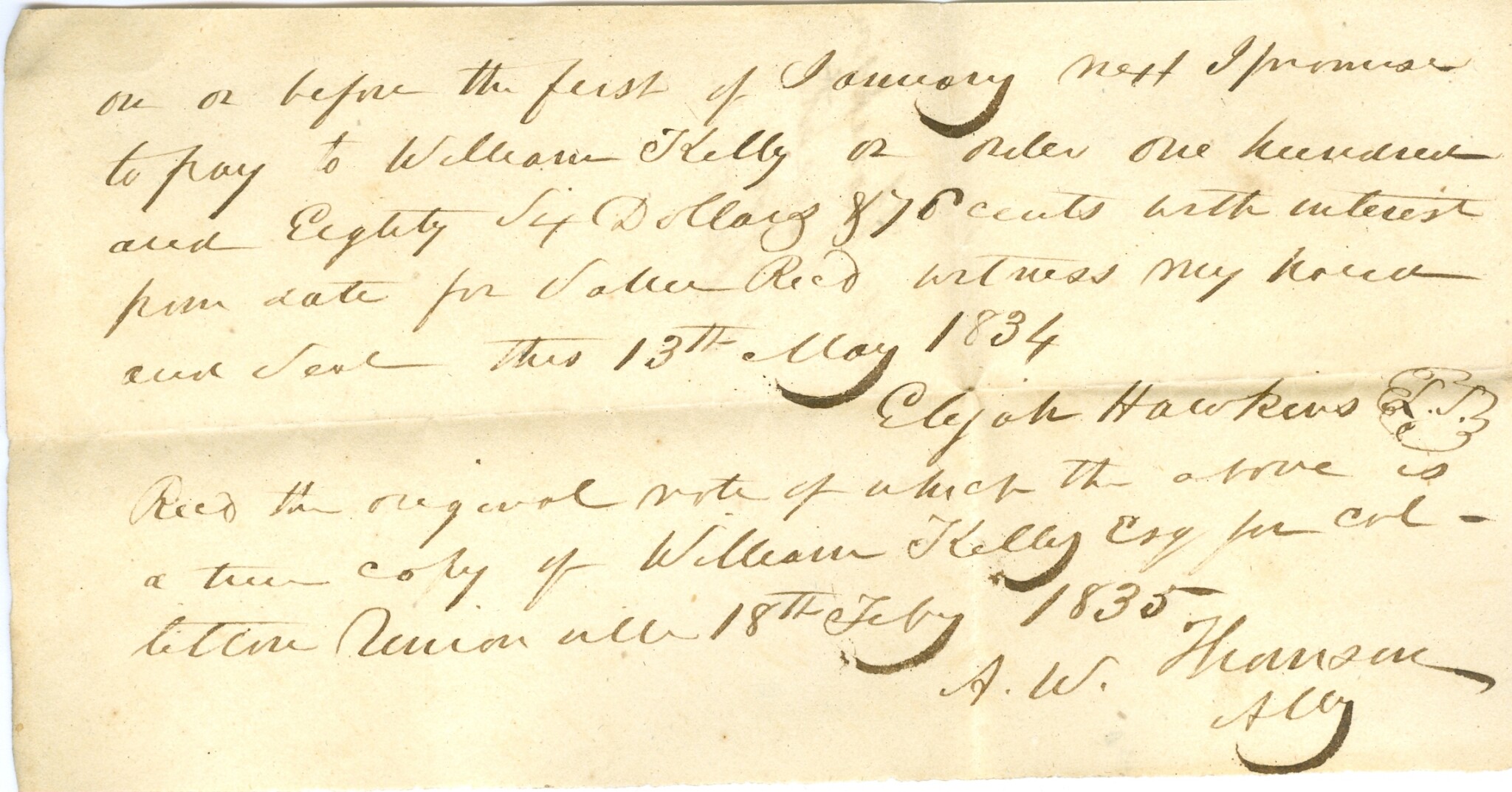Elijah Hawkins Note to Wm. Kelly 1834 and A.W. Thomson